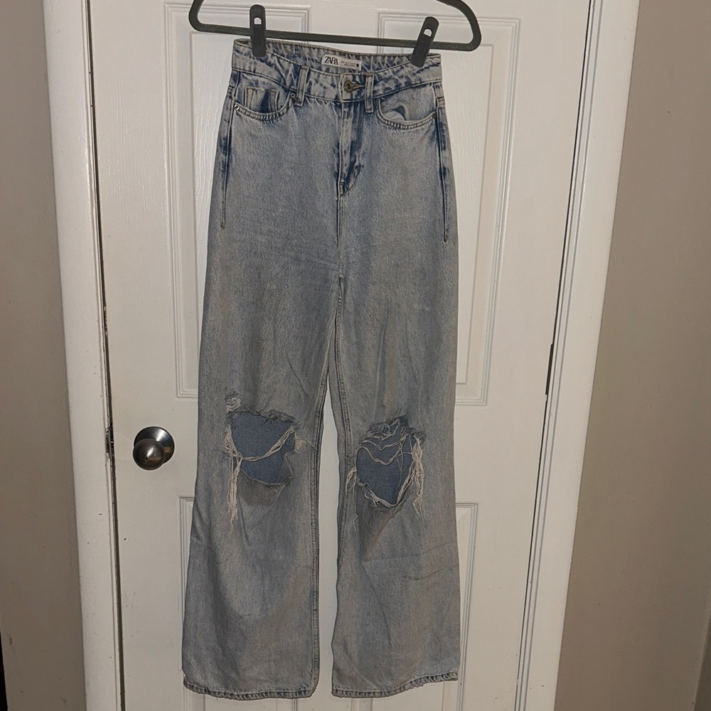 Zara Light Blue Distressed Flare Jeans